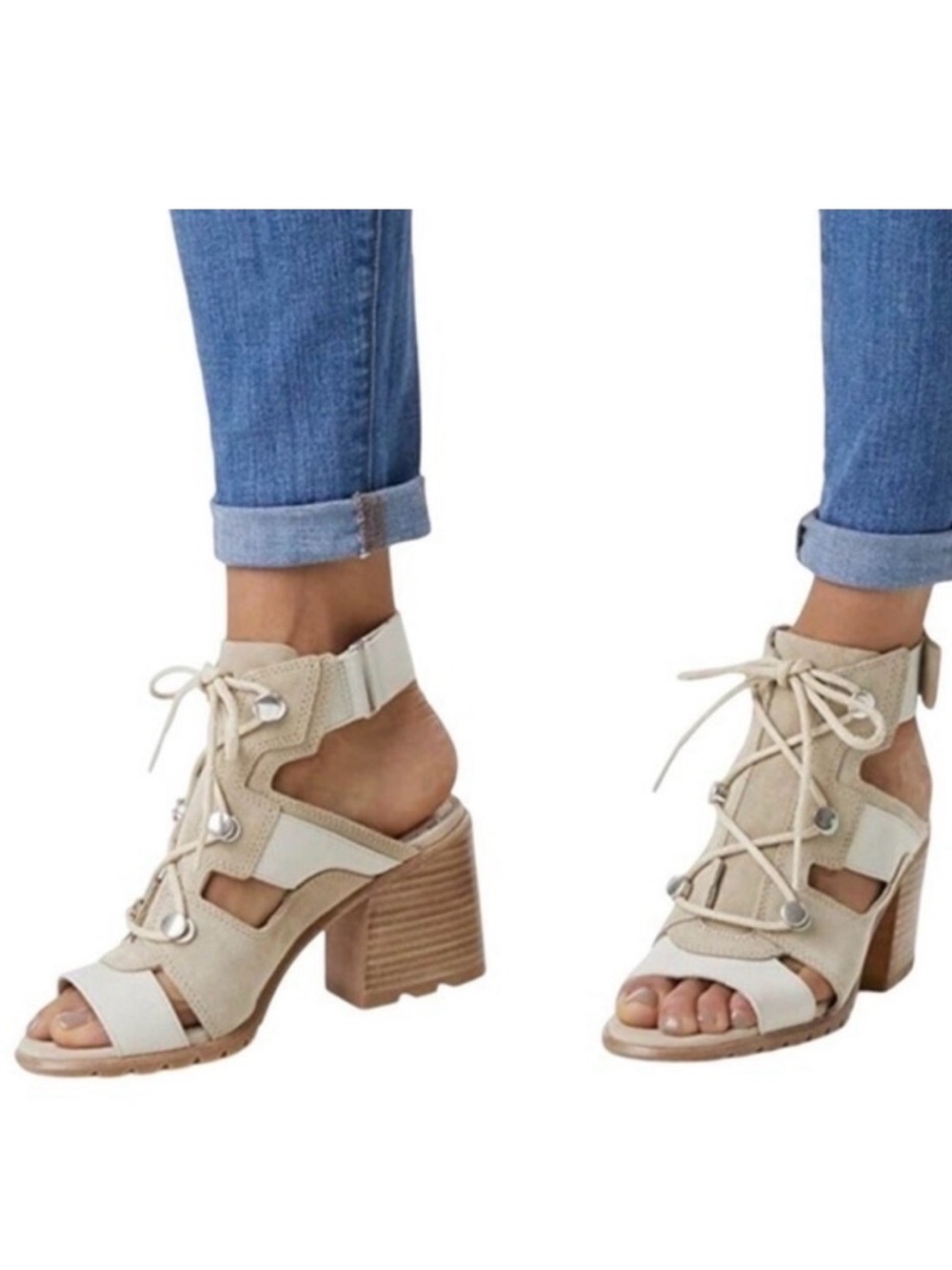 Sorel Nadia Lace up Sandals chunky heel suede leather 8